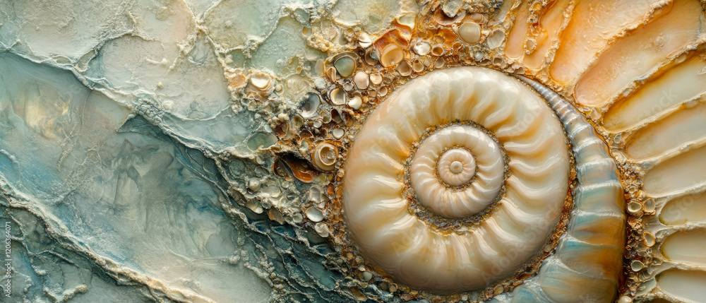 Poster exploring the intricate texture and spiral shape of a nautilus shell with pearly luster