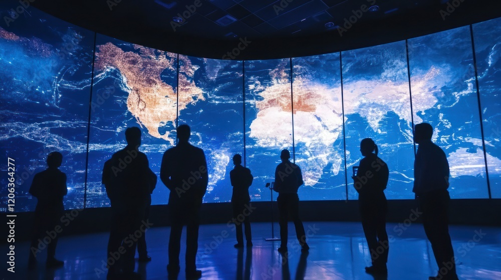 Poster Silhouetted figures observe a global illuminated map display