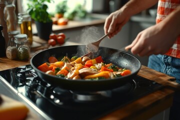 A keto-friendly dinner preparation, in a contemporary kitchen, showcasing the cooking process of a healthy