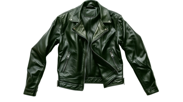 Green leather jacket on transparent background