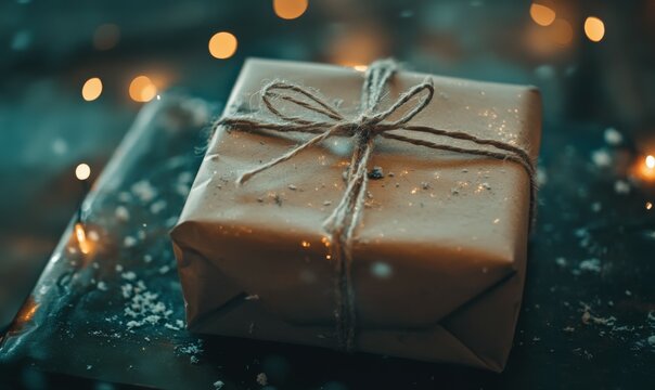 A carefully wrapped parcel tied with string sits in soft light, evoking a sense of anticipation and warmth, ideal for gift-giving occasions and thoughtful presentations
