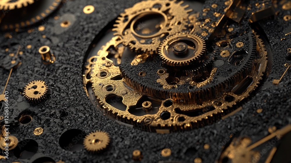 Poster golden gears wet clockwork mechanism detail