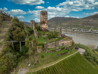 Aerial view of Furstenberg castle over the Rhine river near Rheindiebach with circular keep ,...