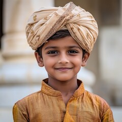 Portrait of a child: traditional attire, cultural essence, vibrant textiles, Indian heritage, youthful gaze, intricate patterns, colorful fabrics, regional identity, ethnic cultural significance.