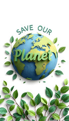 Save our planet Earth day 3d concept background Ecology concept Design with 3d globe map drawing and leaves isolated on white background :, 8k
