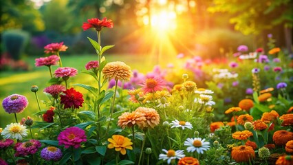 Fototapeta premium Vibrant Summer Garden: Sunlit Flowerbed Wallpaper - High-Resolution Stock Photo