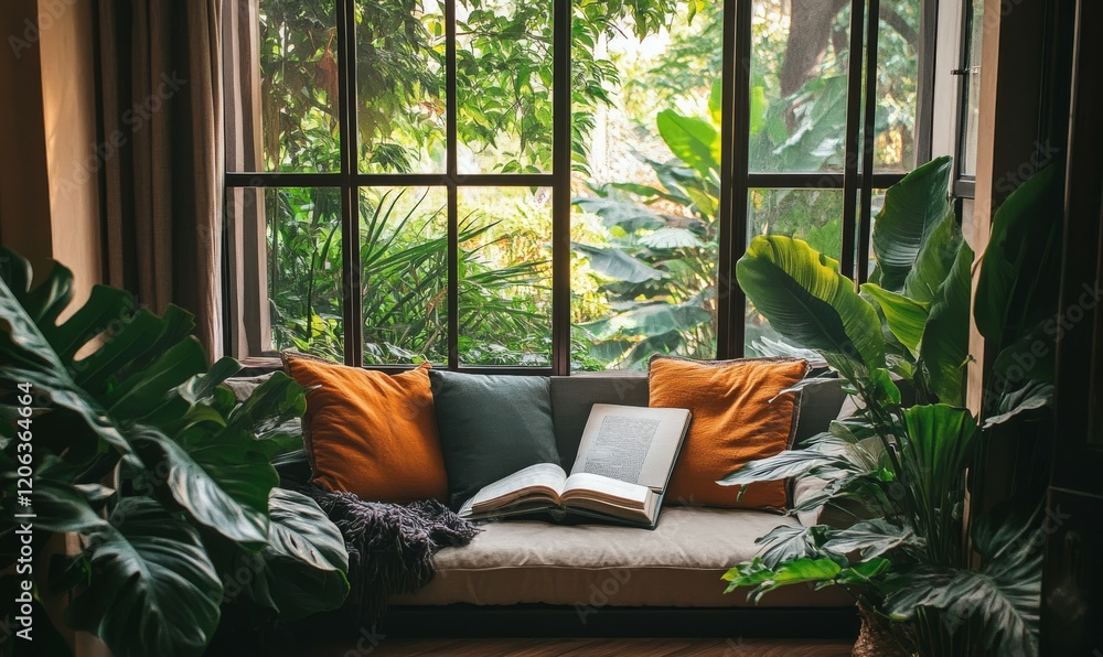 Poster a relaxing reading nook with a window view of lush greenery