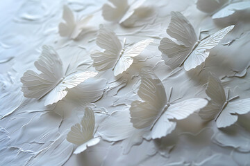 natural beauty, textured paper with embossed white butterflies on a white background