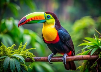 Obraz premium Vibrant Toucan Perched in Lush Green Tropical Foliage, High Depth of Field