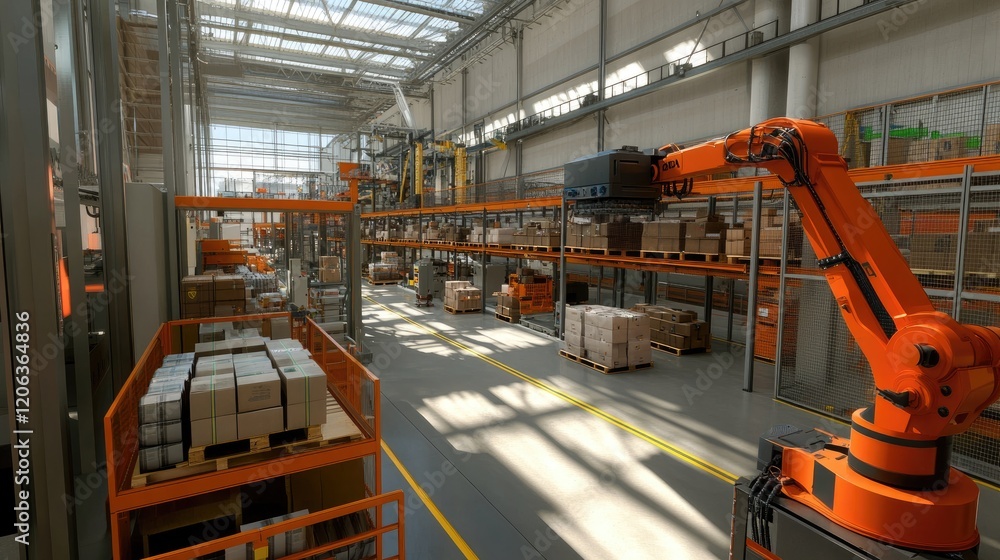 Poster automated warehouse robotic arm handling packages