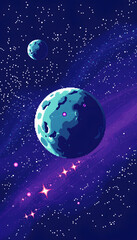 Planet in space, pixel art, with white tones