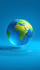 Naklejka premium Earth Globe Floating on Water Ripples, Blue Background
