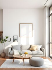 compact minimalist living room, 3d render, multifunctional furniture, bright white wall, square frame mockup, small potted plants, clutter-free aesthetic, soft lighting