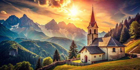 Fototapeta premium Vintage Alps Church: Majestic Mountain Chapel in Retro Style