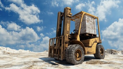 Yellow Forklift Transports Stacked Cargo Boxes Outdoors