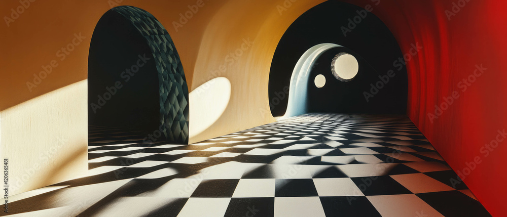 Poster exploring geometric patterns and contrasting colors through optical illusions in a surreal space