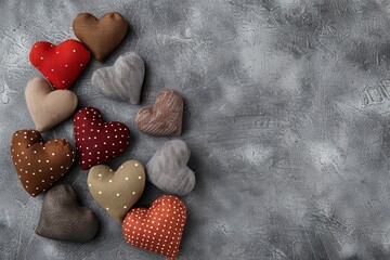 Obraz premium Decorative handmade fabric hearts arranged on a textured background for crafting ideas and celebrations