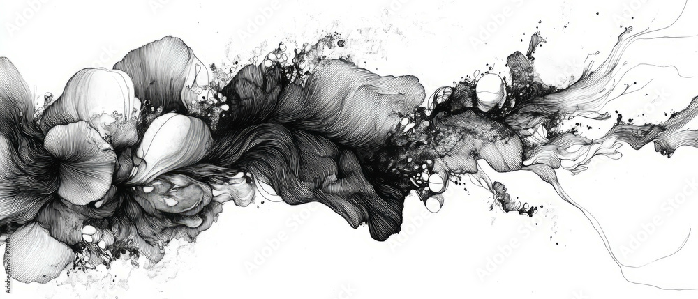 Poster exploring organic ink patterns and fluid shapes in black and white artistic expression
