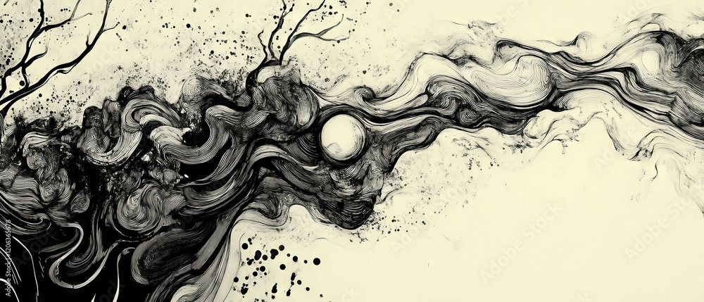 Poster dynamic flow of organic ink patterns creating natural shapes and textures in black and white