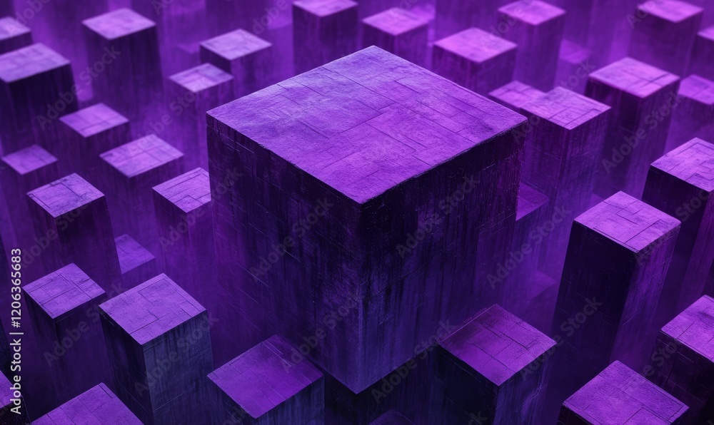 Aufkleber a massive cube dominates the center of a vast purple-colored textured background composed of countle
