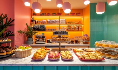 Bright and colorful breakfast spread with fresh pastries