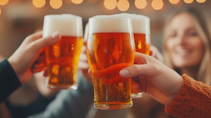 Celebration and joy captured with raised glasses of beer in a warm, festive atmosphere, perfect for conveying unity and happiness.