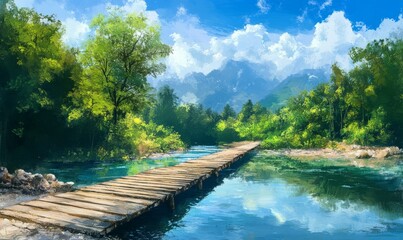 Fototapeta premium A sturdy wooden bridge stretching over a tranquil river under a blue sky, river, blue