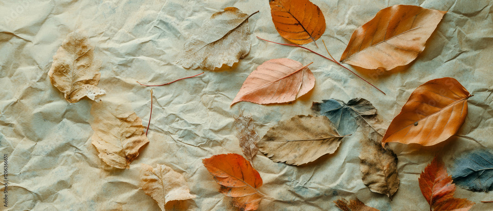 Poster pressed leaves and natural elements create a unique textured surface