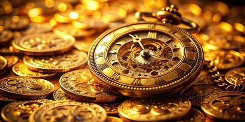 Vintage Gold Clock & Coin Close-up: Time is Money Stock Photo