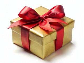 Obraz premium Vintage Golden Gift Box with Red Ribbon Bow - Isolated on White Background