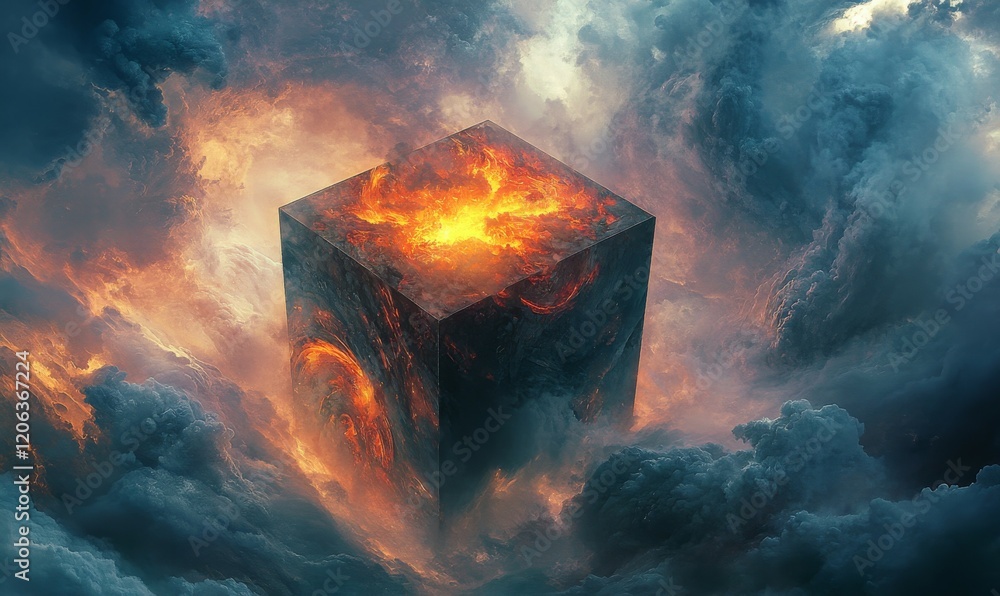 Poster an intriguing cube with a fiery inner core surrounded by a mystical, rolling mist that intertwines s