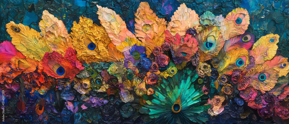 Poster vibrant peacock feathers displaying iridescent patterns in vivid colors and textures