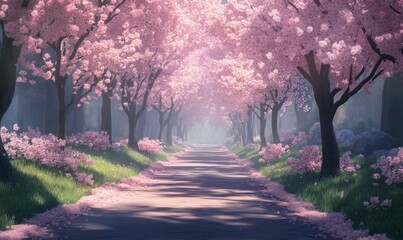 Cherry blossom trees line a tranquil road in a serene spring setting with soft morning light