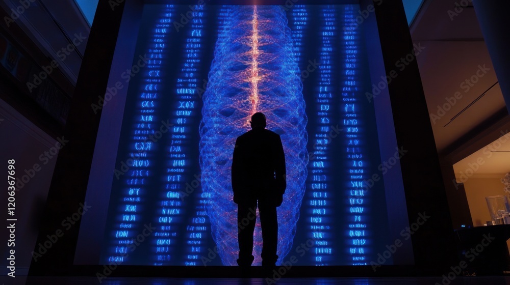 Poster Silhouette Observing Luminous Data Stream Display