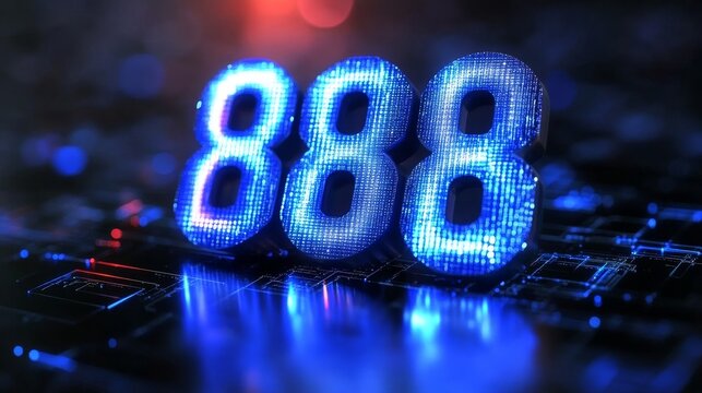 Glowing Digital 3D Numeral 888 on Abstract Circuit Board. Futuristic Glowing Technology Background.
