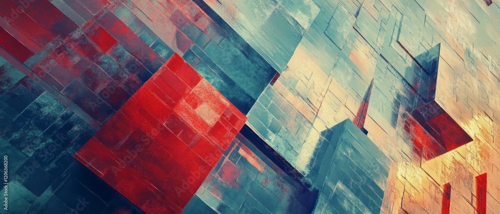 Poster dynamic interplay of pixelated patterns and geometric shapes in vivid colors