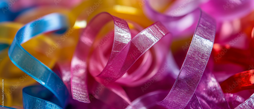 Poster vibrant plastic ribbons in an array of colors create a glossy textured display