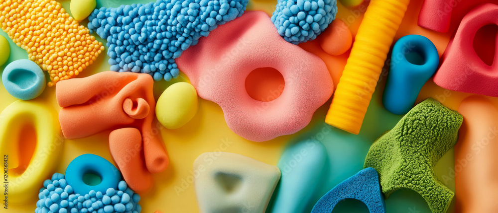 Poster colorful play-doh shapes displaying unique textures and softness
