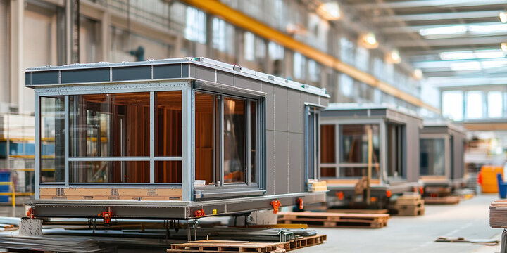 An indoor view of modular homes under assembly in a factory, showcasing prefabricated walls and building materials, highlighting innovation, accuracy, and contemporary housing solutions.
