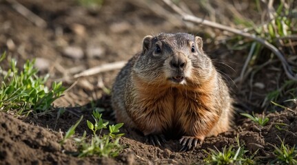 Fototapeta premium Groundhog in the forest, Groundhog Day, Spring Groundhog