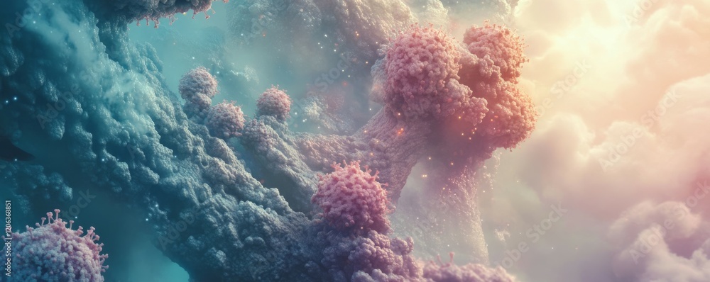 Poster abstract colorful micro landscape depicting cloud-like structures with glowing particles.