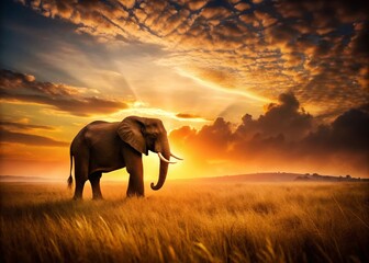 Vintage Silhouette Elephant in Field Sunset - Wildlife Photography Stock Image