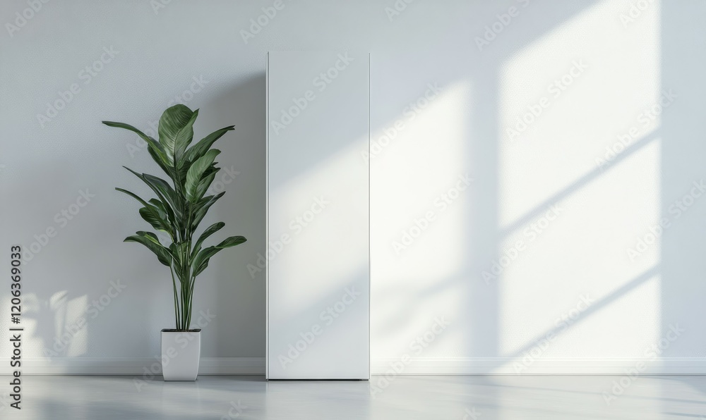 Poster empty tall white storage unit placed in an empty room, modern design, plain background, empty space