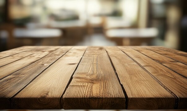 Empty wooden table top with blurred snow background from low angle