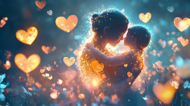 Magical mother and child embrace, glowing hearts and flowers.