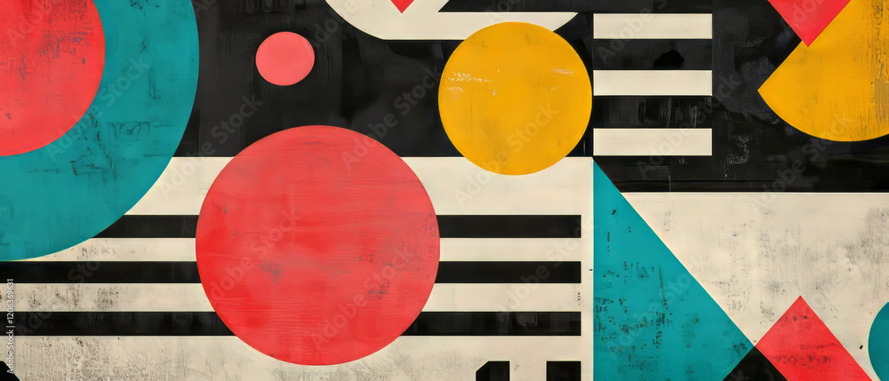 Poster postmodern art featuring bold geometric shapes and playful color combinations in creative patterns