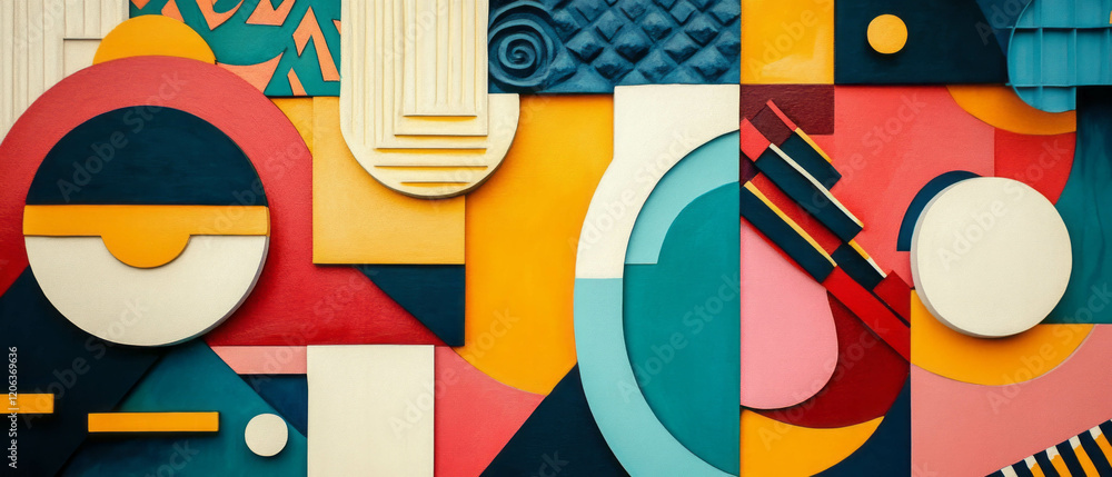 Poster exploring vibrant postmodern patterns with geometric configurations