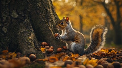 Fototapeta premium Grey Squirrel Gathering Acorns In Autumn Woods