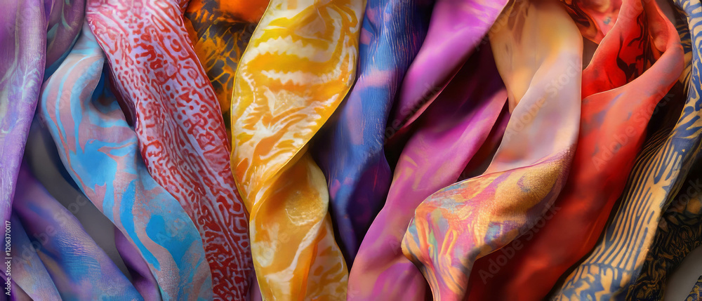 Poster exploring vibrant textures of printed ribbons with unique patterns and colors