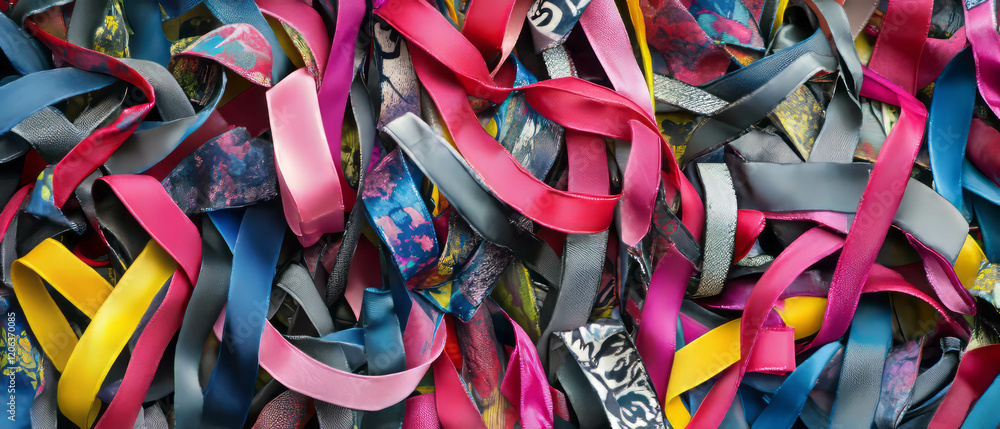 Poster varied colors and patterns of printed ribbons create a vibrant visual texture for crafts
